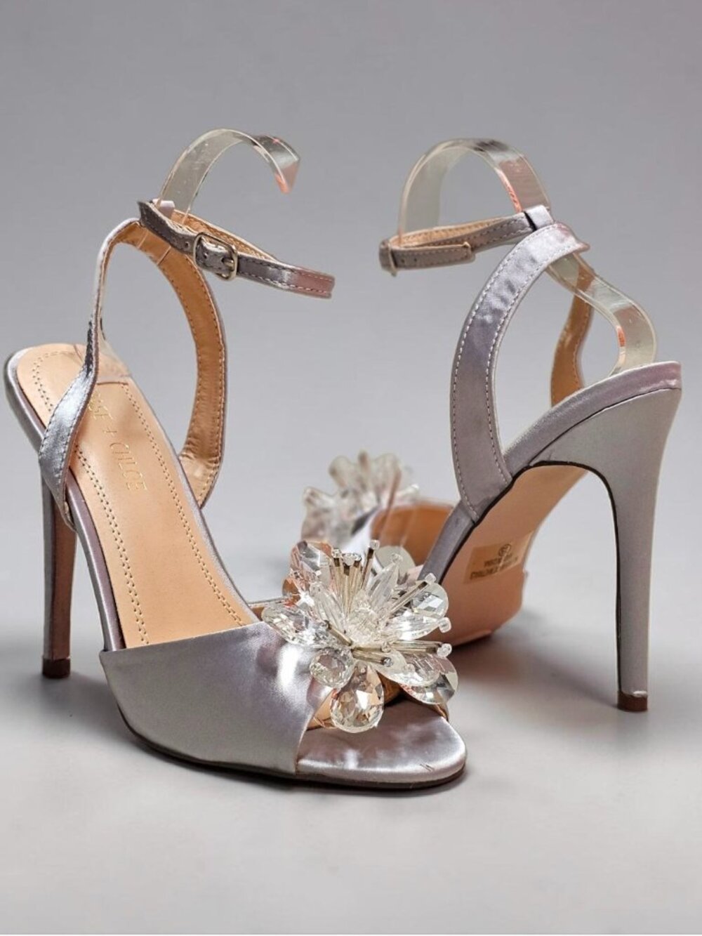 Crystal Embellished Silver Satin High Heel Sandals With Ankle Strap & Peep Toe F